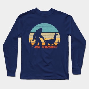 Bigfoot Walking Llama Vintage Retro Sunset Sasquatch Long Sleeve T-Shirt